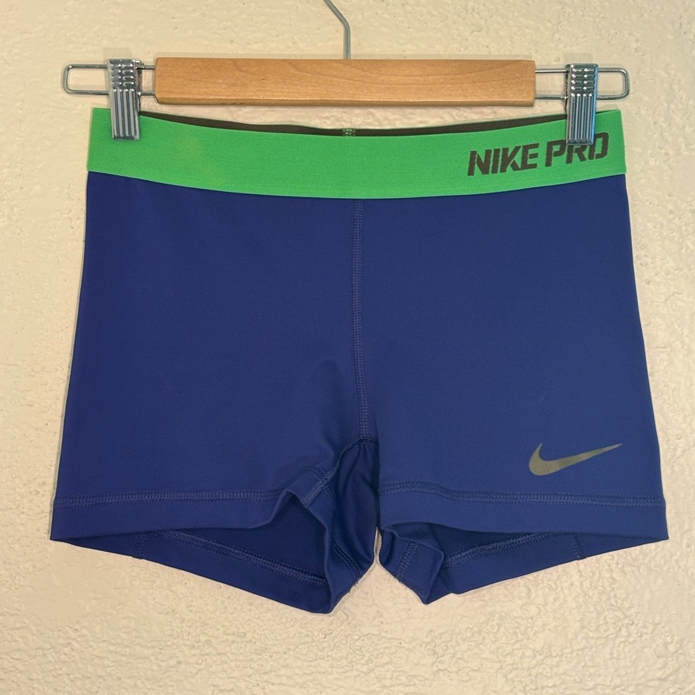 Nike Pro Blue Shorts with Green Waistband